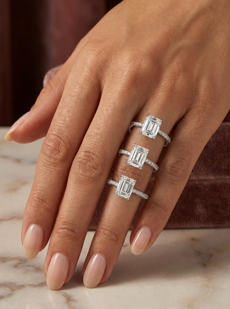 Farklı renk seçenekleriyle sunulan 1.6CT Emerald Cut Eternity Yüzük, şıklığı ve zarafetiyle tüm bakışları üzerine çekiyor.