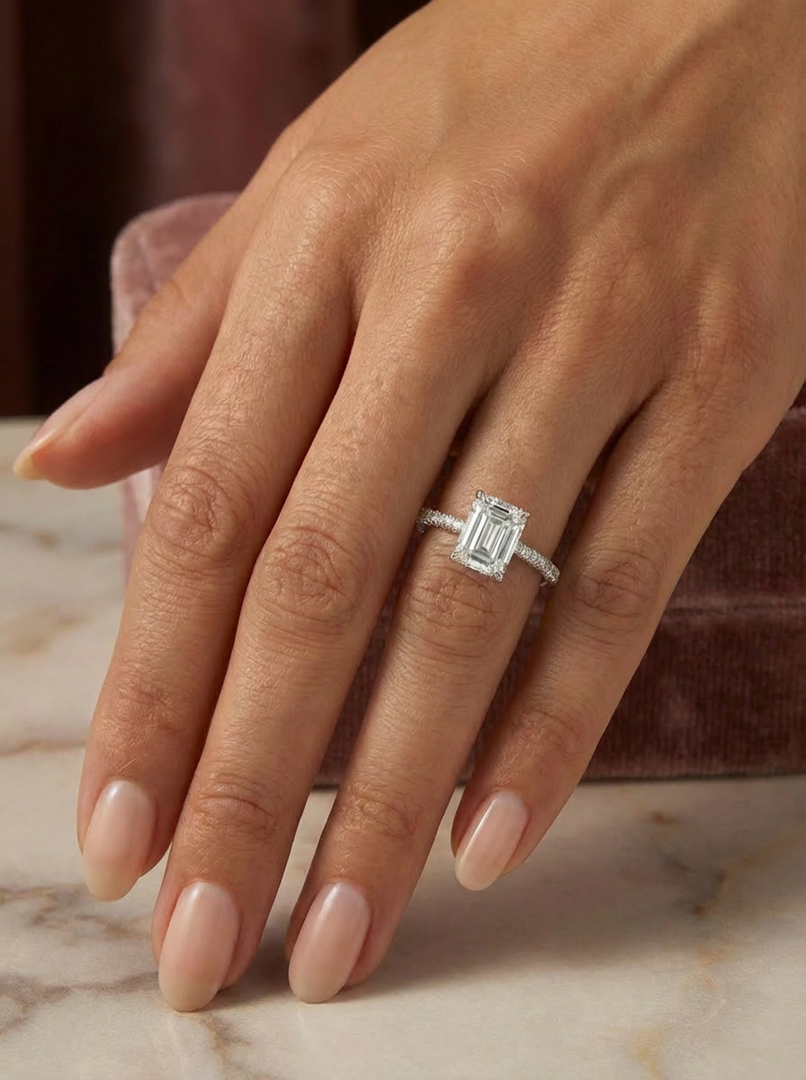 Detaylı görünümde 2.5CT Emerald Cut Eternity Yüzük, net hatları ve lüks ışıltısıyla dikkat çekiyor.