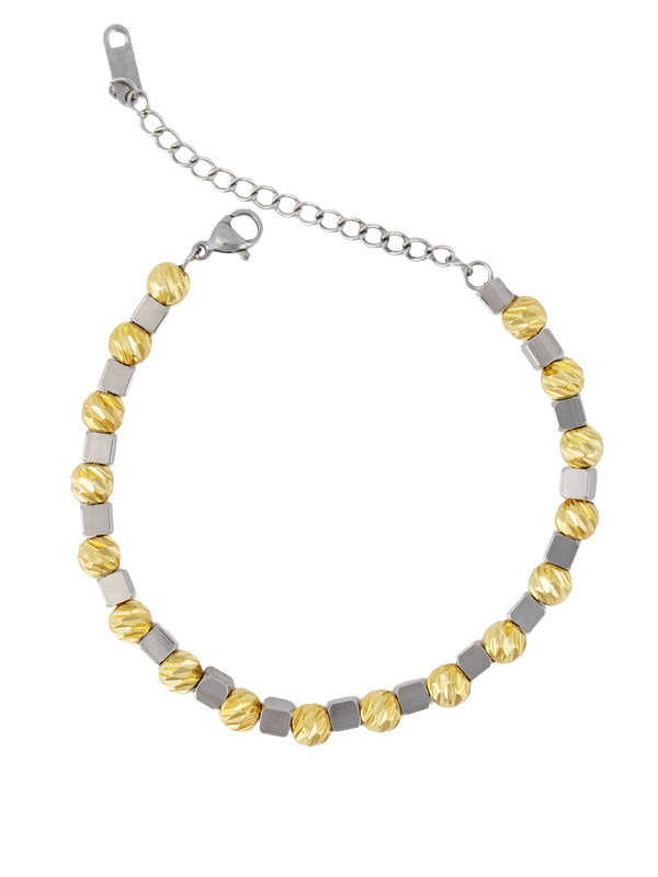 Cube Dorika Bileklik, altın ve gümüş tonlarıyla modern tasarımıyla dikkat çeken zarif bir aksesuar.