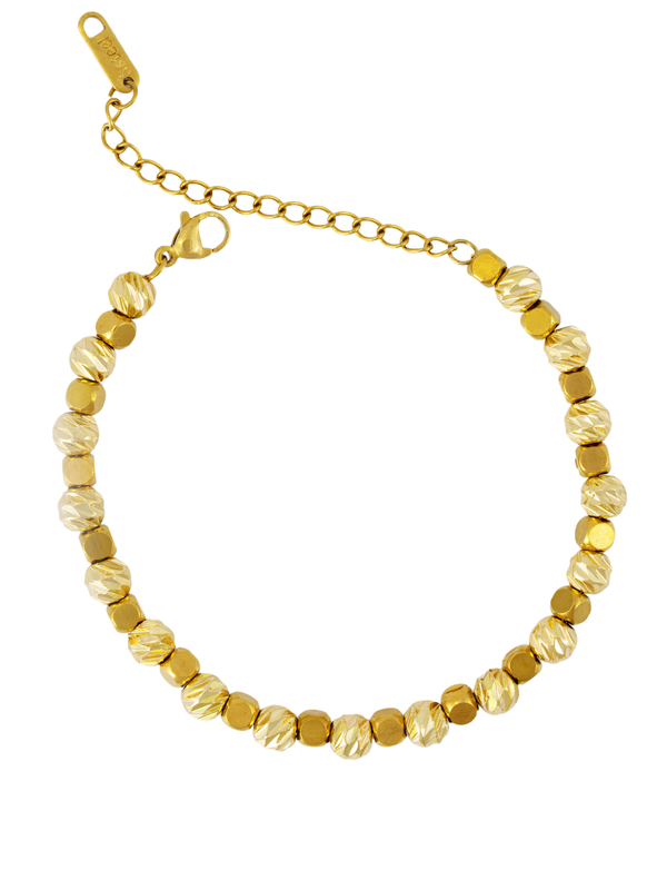 Cube Dorika Bileklik, modern geometrik formlarla zenginleştirilmiş, altın ve gümüş tonlarında zarif bir tasarım sunuyor.