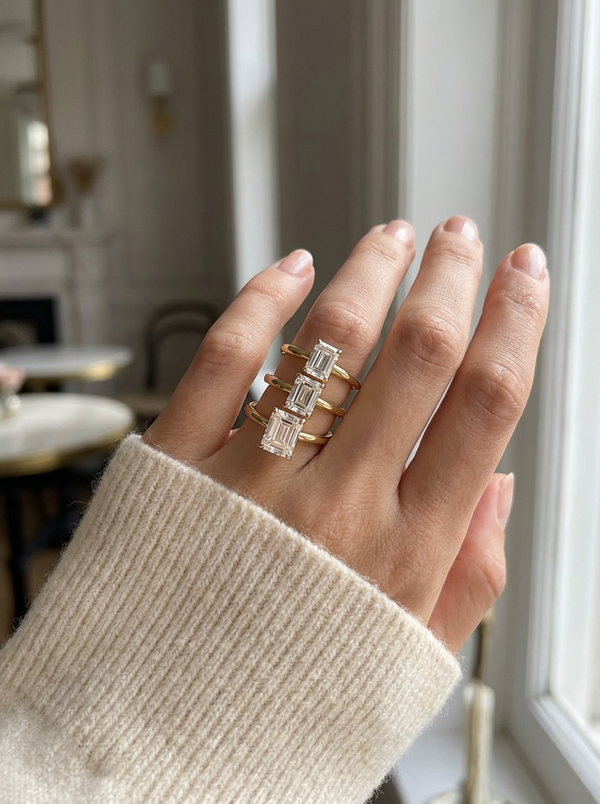 Detaylı close-up fotoğrafı, 2.5CT Emerald Cut Yüzük, yüksek kaliteli taş kesimi ve şıklığıyla dikkat çeken lüks yüzük.