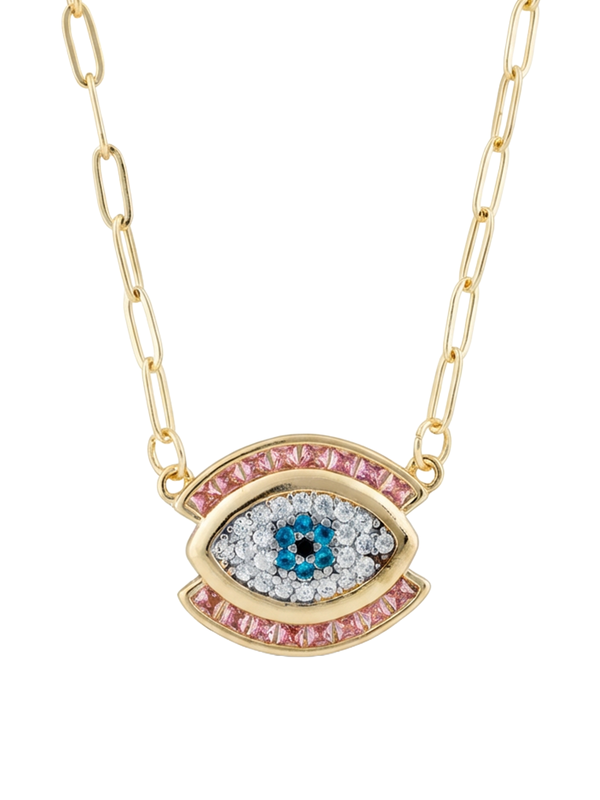 Eliza Kolye, pembe baget taşlarla çerçevelenmiş modern göz figürü ve zarif ataş zinciri ile göz alıcı bir tasarım.