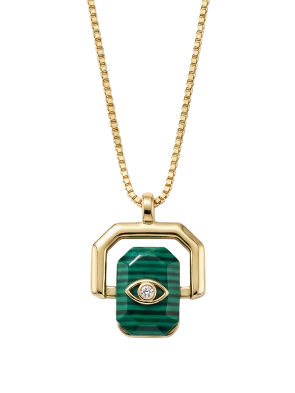 Juliette Kolye - Malakit desenli yeşil taşlı, dönebilen özel tasarıma sahip, paslanmaz çelik zincir ile lüks bir görünüm sunan zarif bir takı.