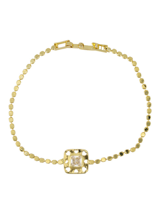 Aria Bileklik: Minimal ve zarif tasarımıyla gold tonlu zincir bileklik, kare kesim zirkon taş detayıyla şıklığınızı tamamlar.